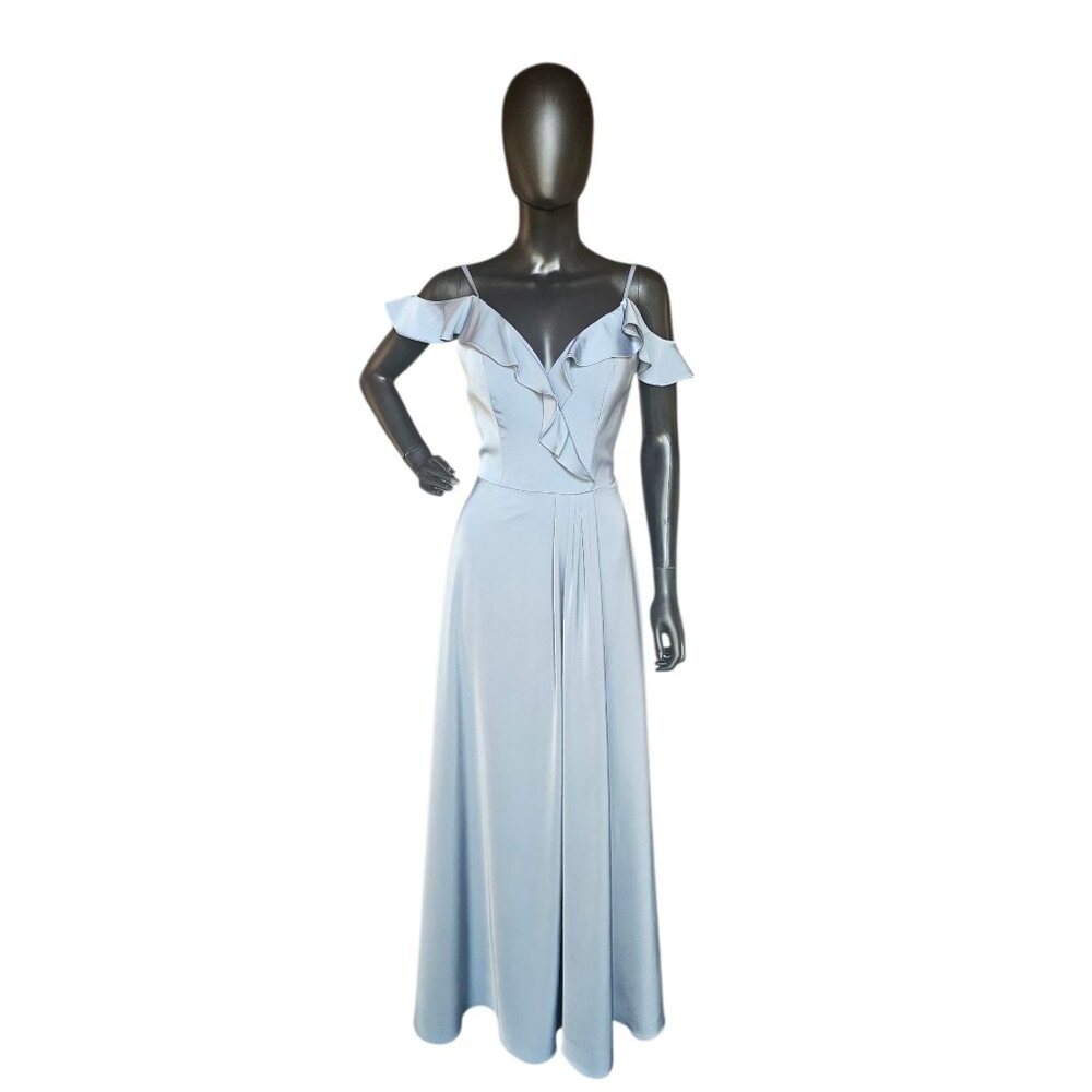 Dusty Blue Soft Satin Flutter Sleeve Full Length Formal Dress NWOT - Da Vinci